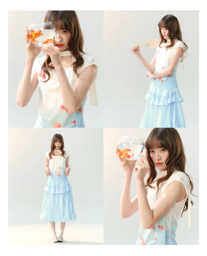 "Koi Garden Letter" White & Blue Goldfish Print Two-Piece Skirt Set LL2026220