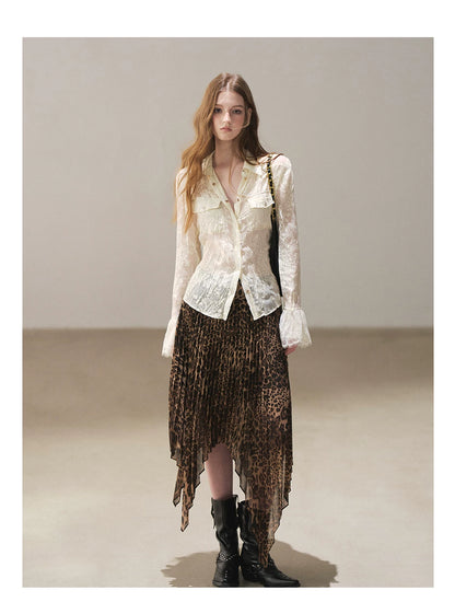 AOMALM - “Cocoa Leopard” Pleated Asymmetric Midi Skirt