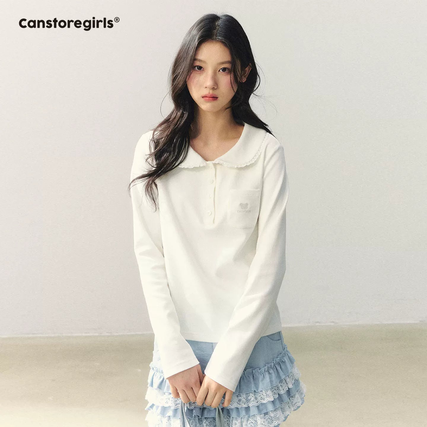 "Lace Bear Diary" Lace Collar Embroidered Knit Polo Top WW2026025