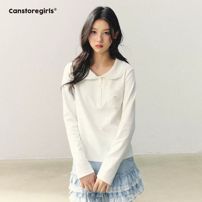 "Lace Bear Diary" Lace Collar Embroidered Knit Polo Top WW2026025