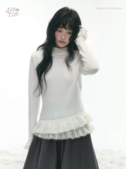 JOVYLLE - Cream Ivory Lace-Trim Turtleneck Top