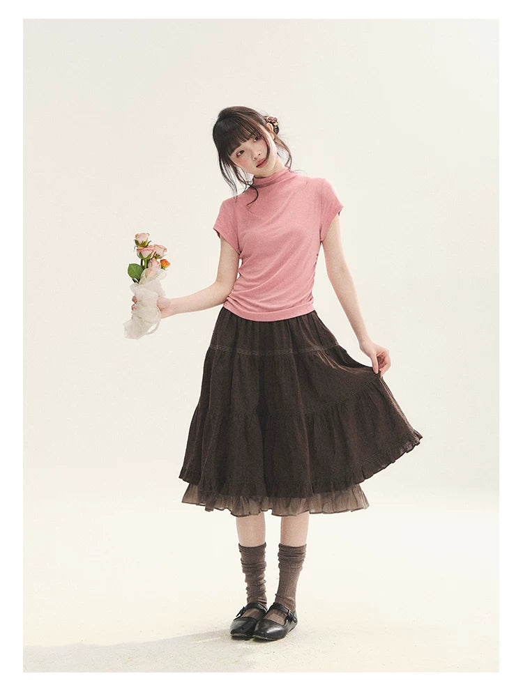"Rose Haze" Dusty Pink Mock Neck Ruched Puff Sleeve Top