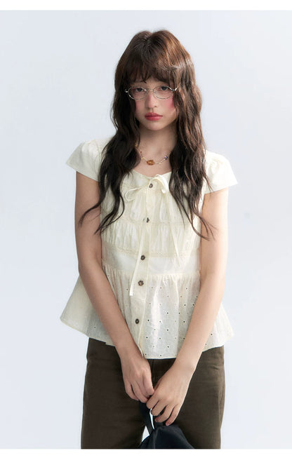 "Vintage Ribbon" Beige Bow Tie Lace Trim Blouse