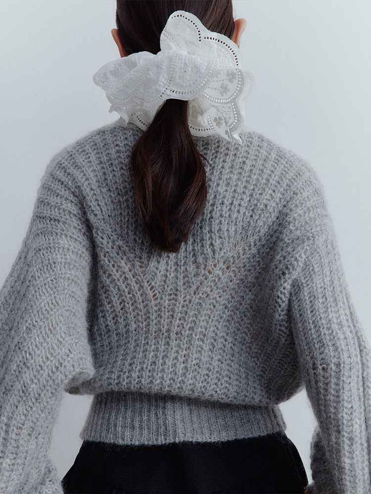 FUSSED Lazy Furry Mist Gray Wool & Baby Mohair Color-Block Sweater FOF-25SS133