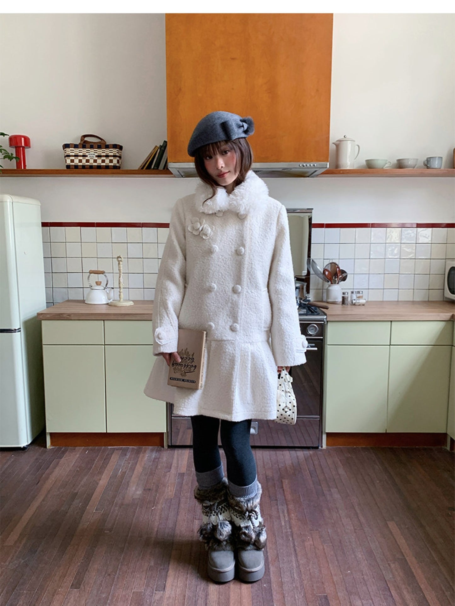 阮阮自制 - Birch Lily Milky White Detachable Fur Wool Coat
