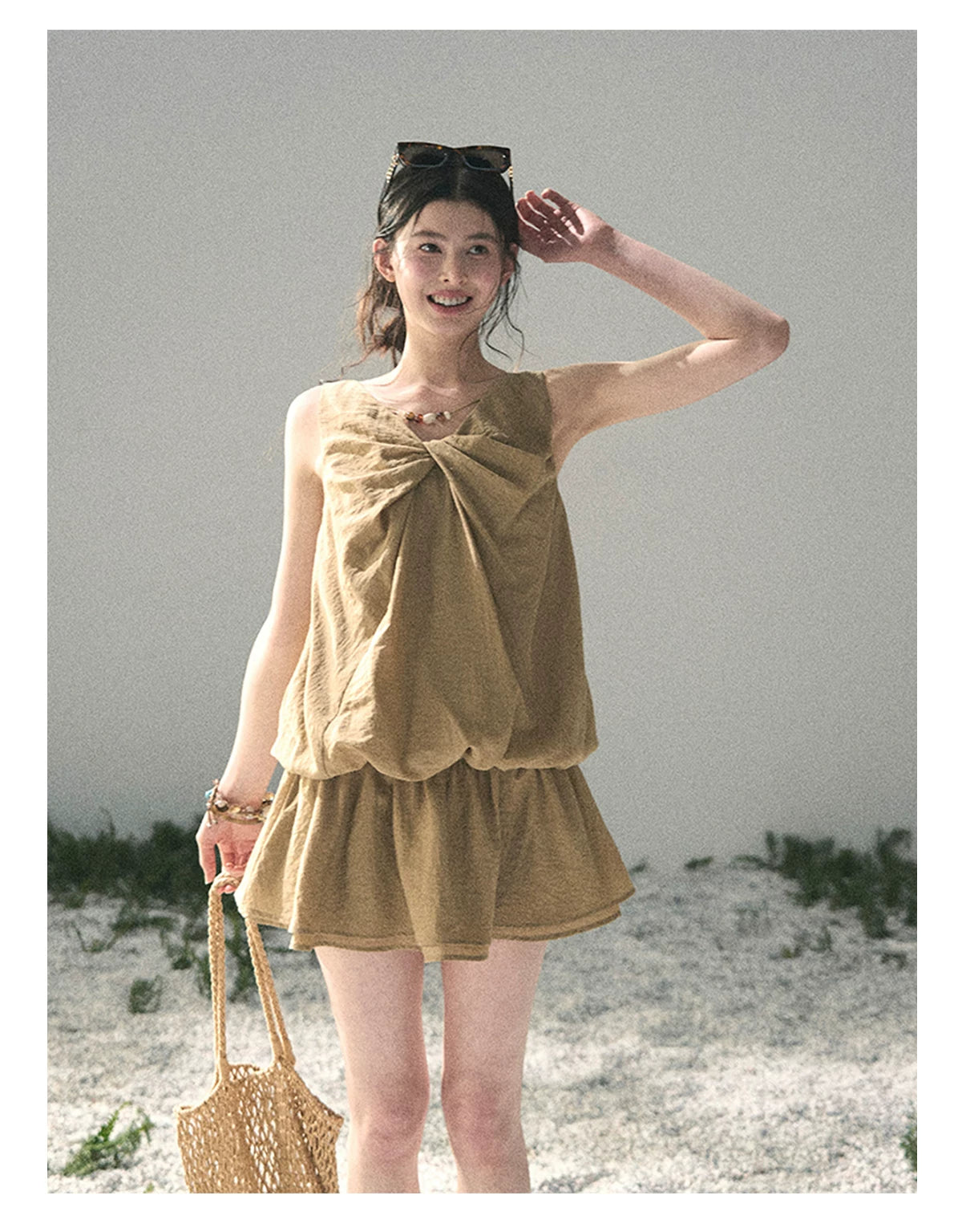 “Whispering Grass” Milk Tea Twist Mini Dress