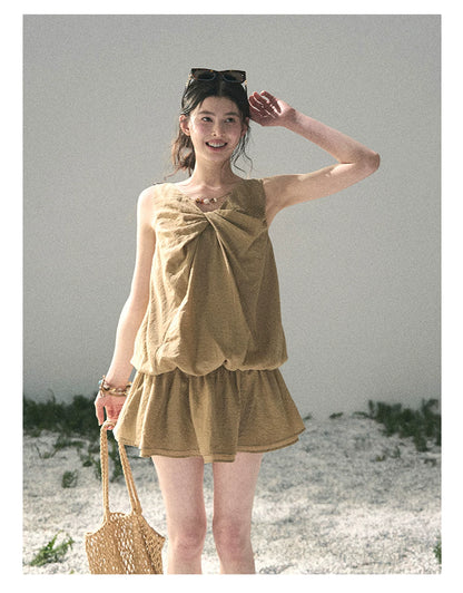 “Whispering Grass” Milk Tea Twist Mini Dress
