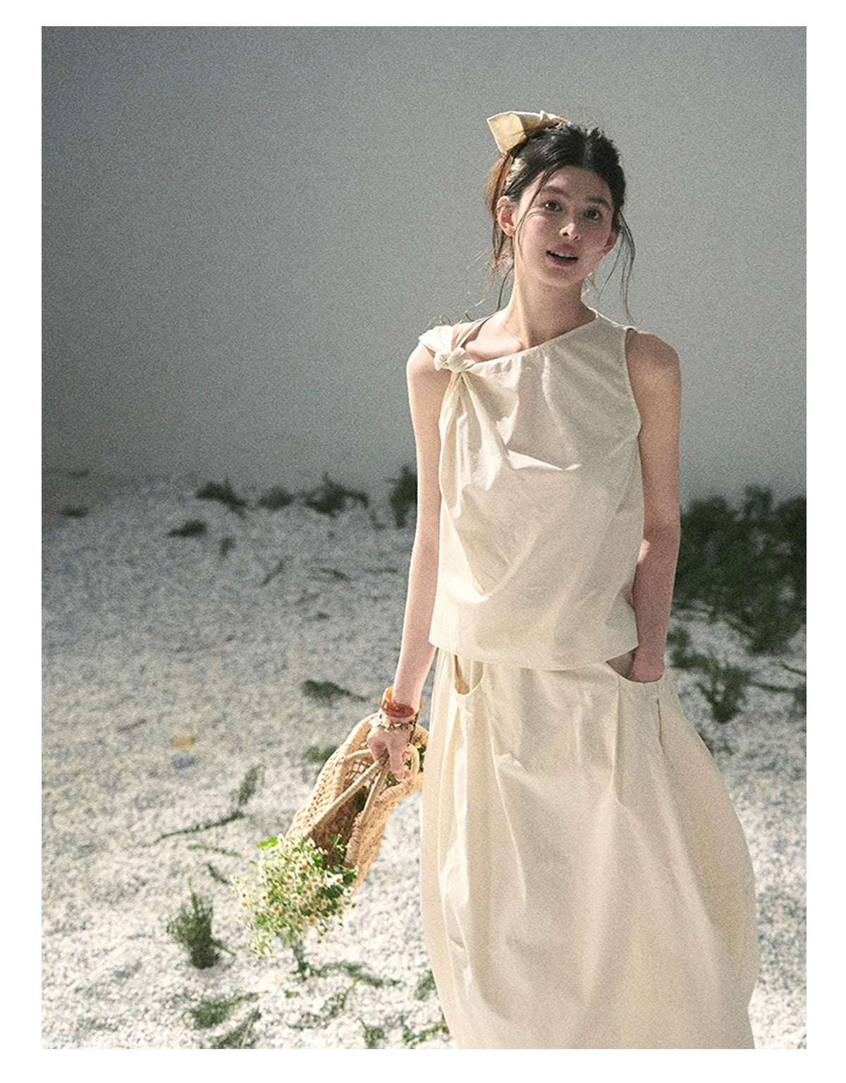 “Ivory Pleated Verse” Soft White Asymmetrical Twist Top & Skirt
