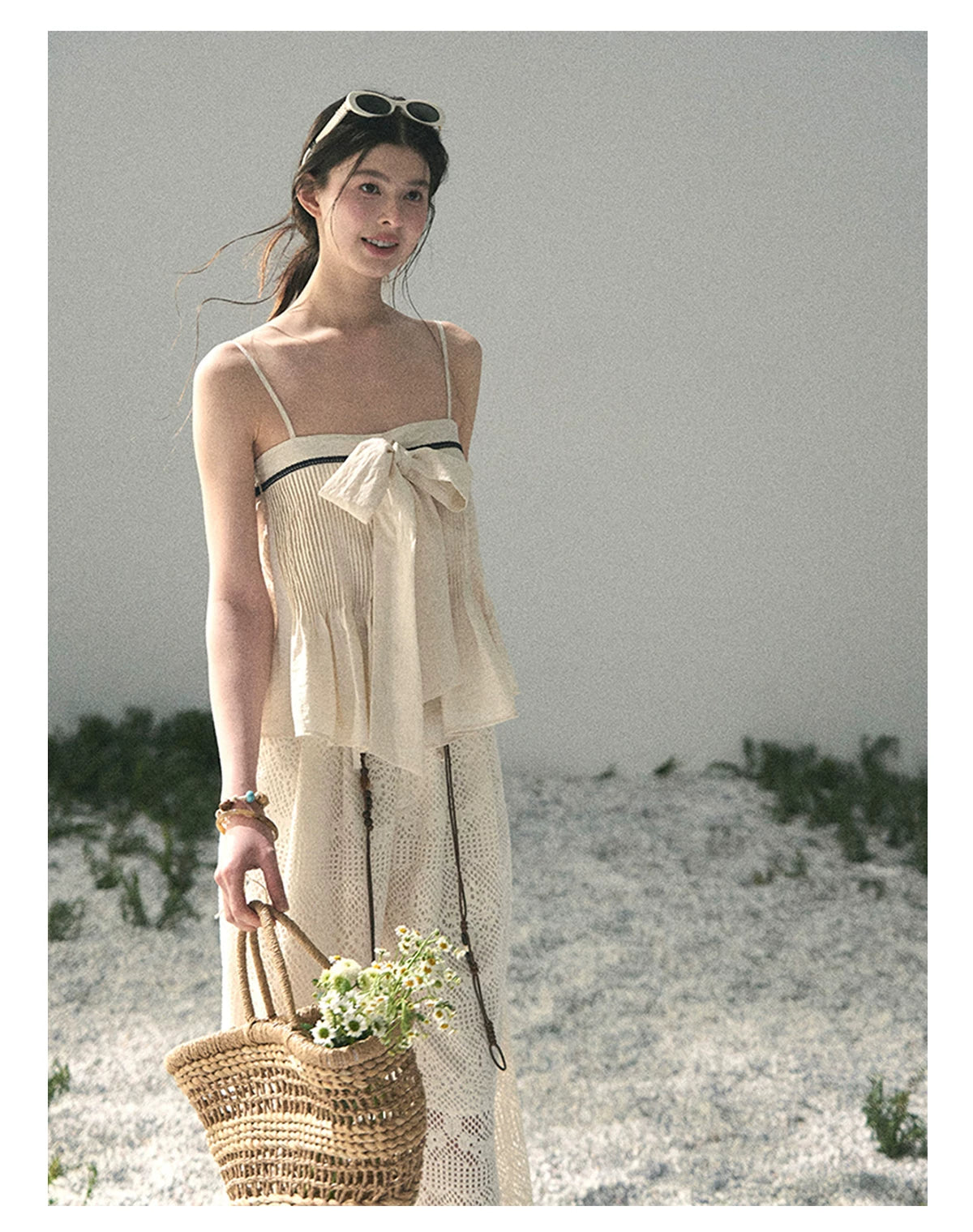 “Breeze Over Pleats” Cream Ribbon Camisole Top