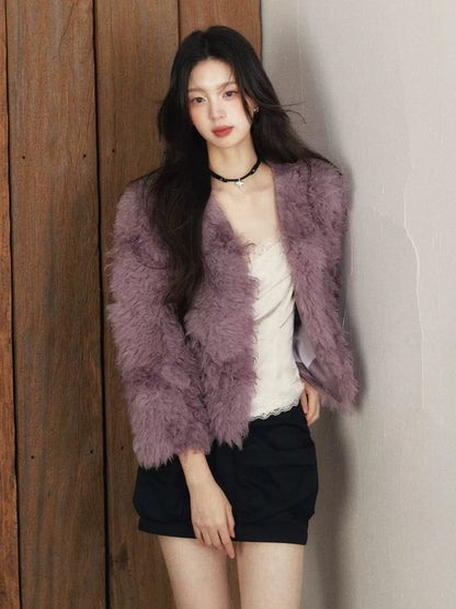 1P - Purple Faux Fur V-Neck Cropped Jacket