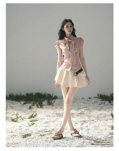 “Blush Confession” Ballet Pink Bow Puff Sleeve Blouse