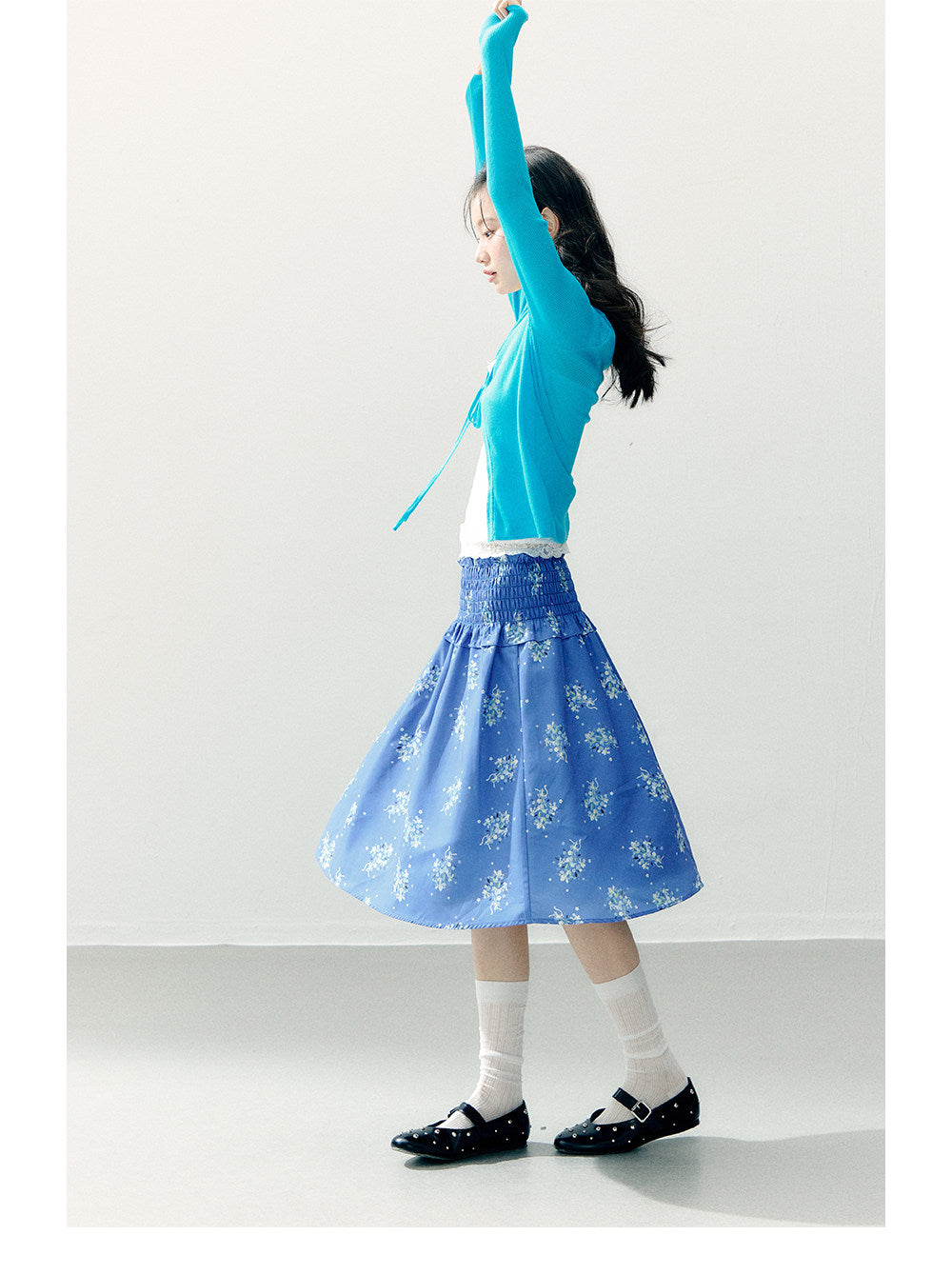 ANNATTO - Azure Bloom Blue Cardigan & Floral Midi Skirt Set