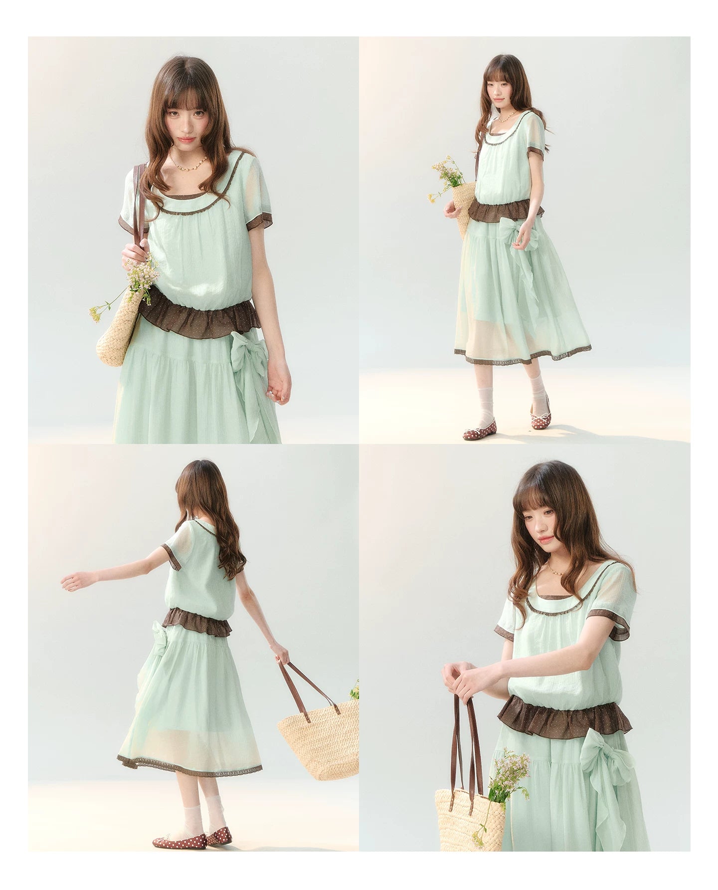 "Mint Sugar Whimsy" Mint Green Polka Dot Two-Piece Skirt Set LL2026194