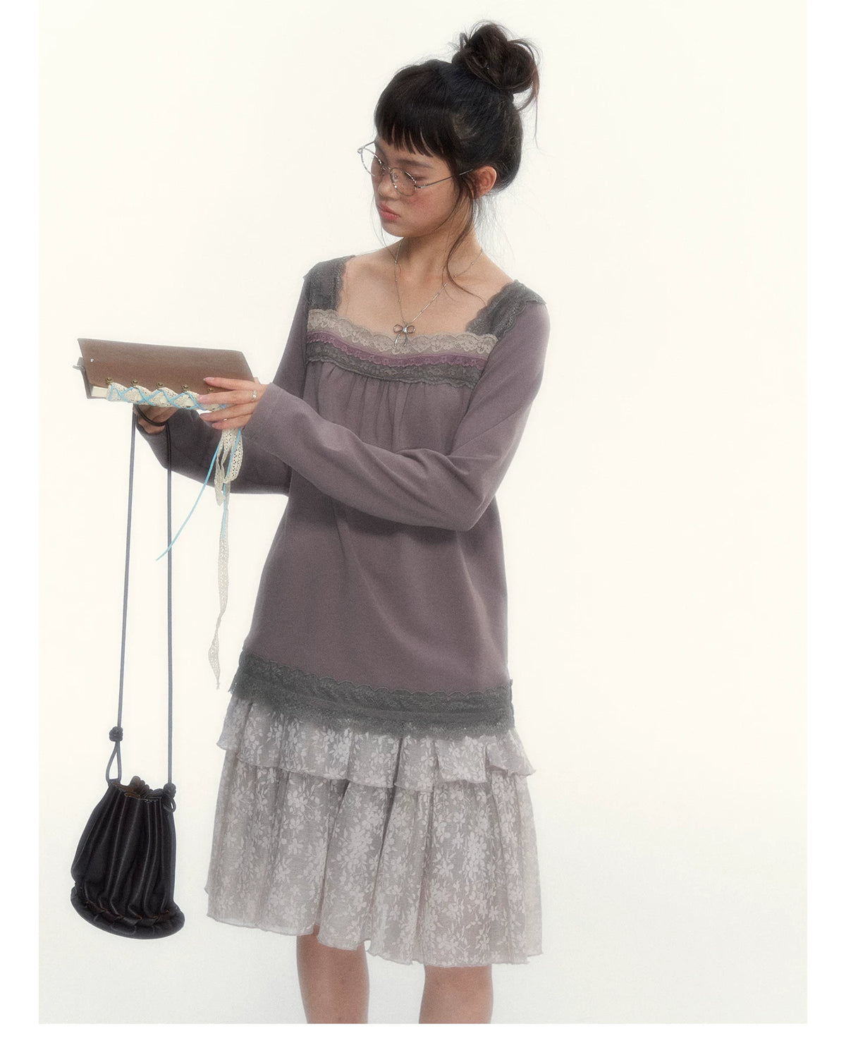 Gray Purple Lace-Trimmed Square-Neck Long-Sleeve T-Shirt