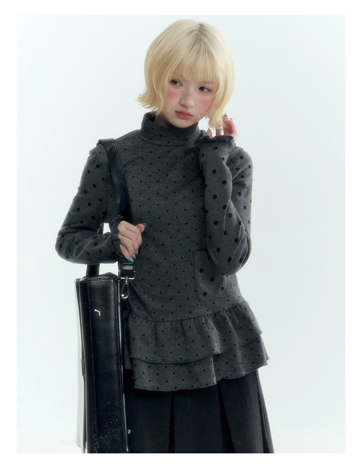Horridale - Dark Gray Polka Dot Mock Neck Layering Top with Ruffle Hem