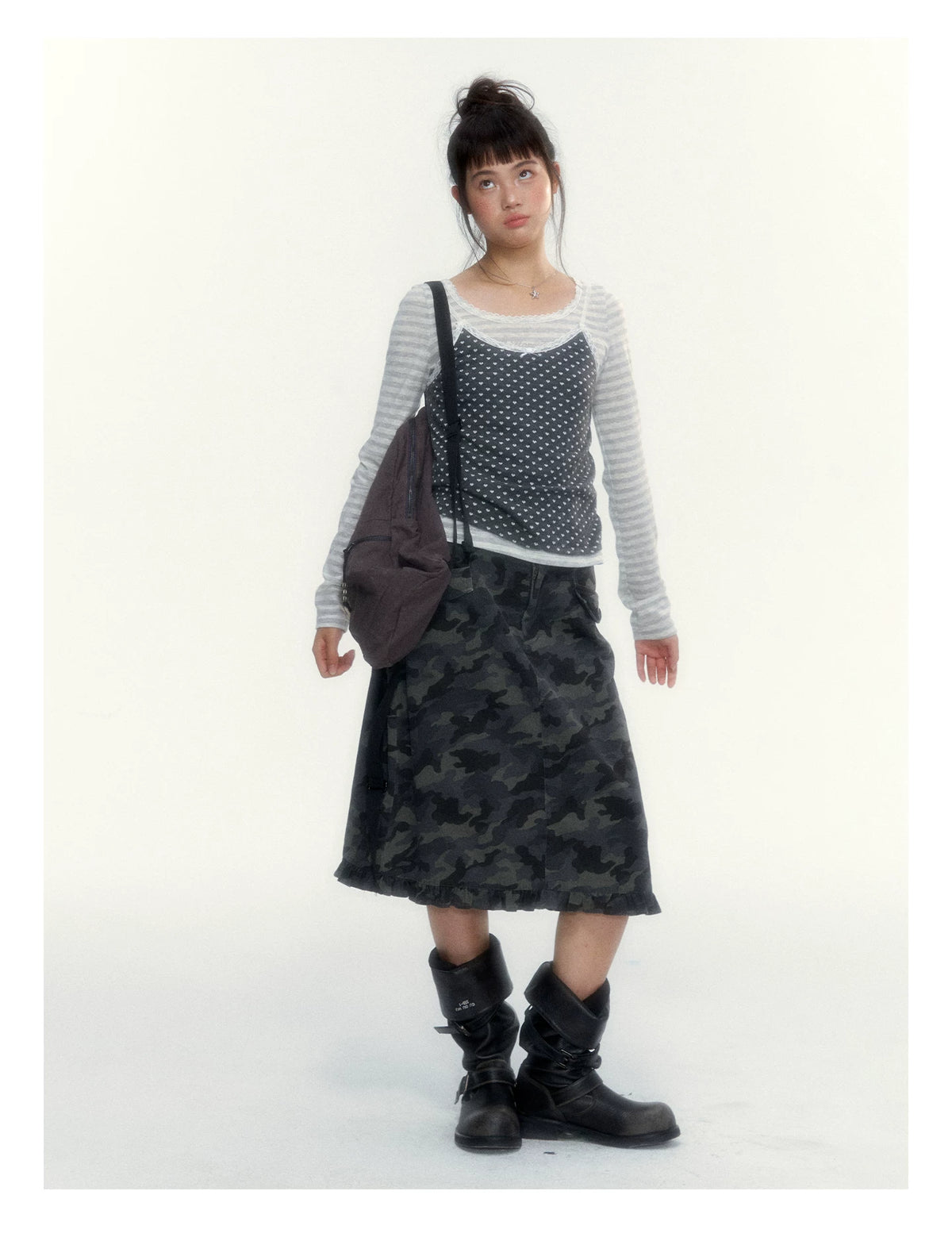 “Early Gray” Light Gray Striped Lace-Trimmed Fitted Long-Sleeve Top
