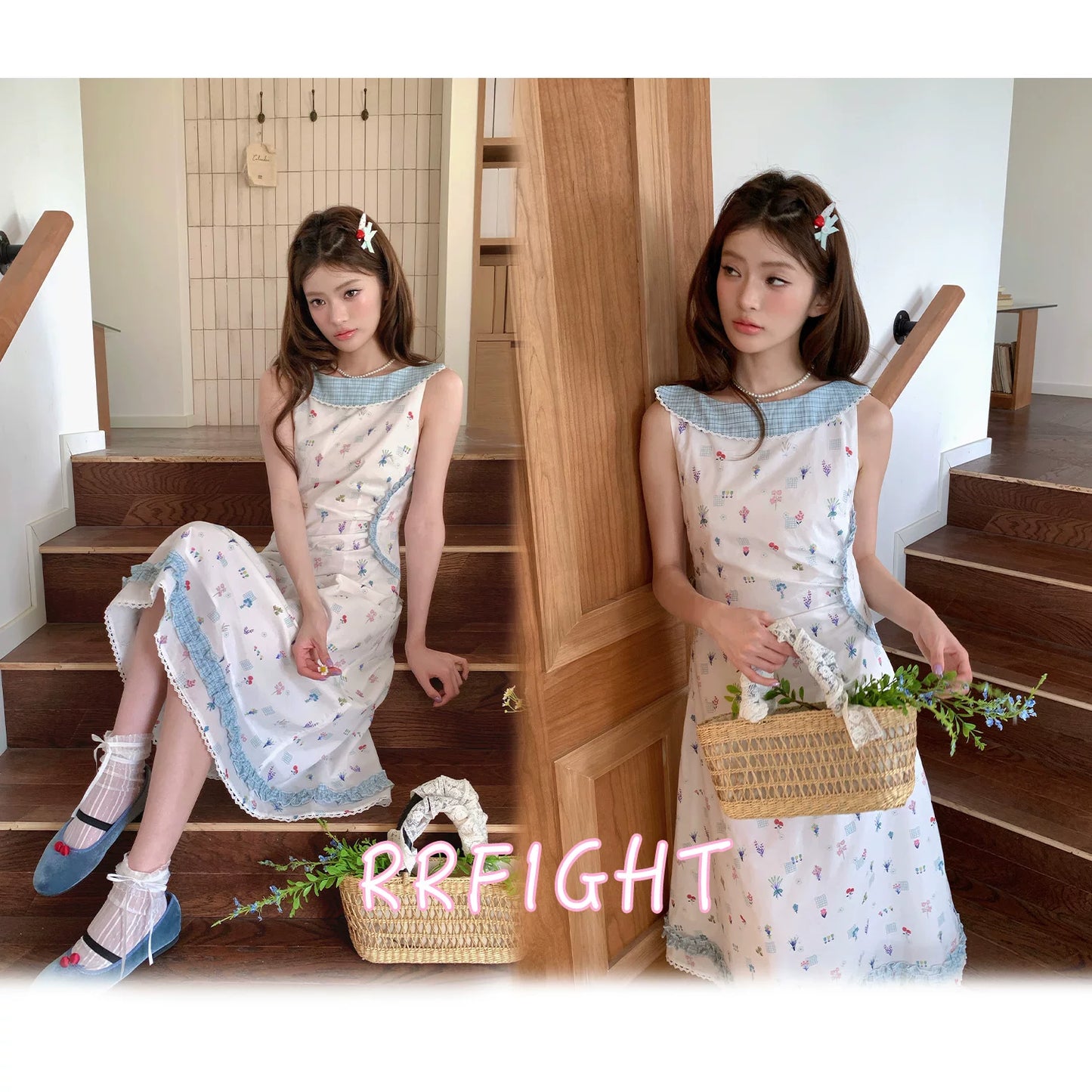 “Blue Meadow Letter” Misty Blue Floral Maxi Dress