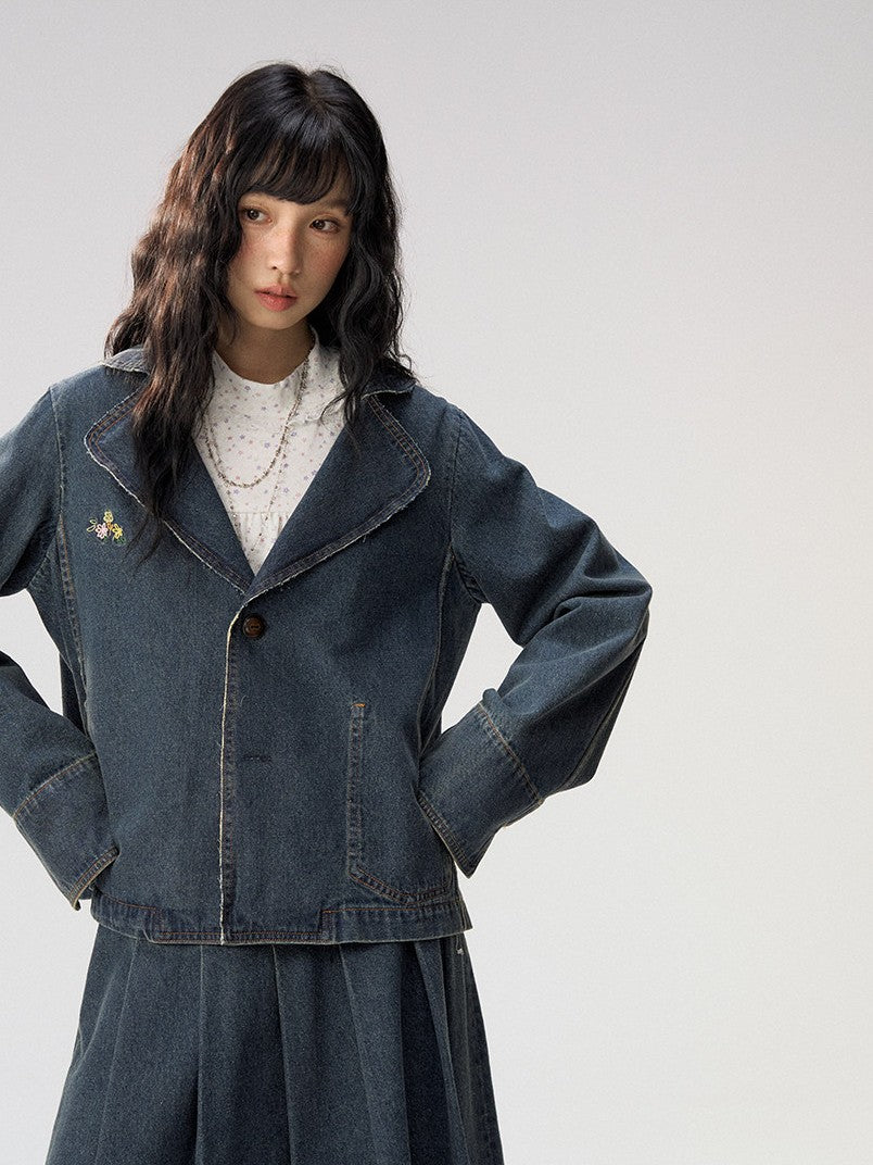 [CAN] "Wildflower Echoes" Vintage Indigo Denim Set (Jacket / Flared Pants / Midi Skirt)