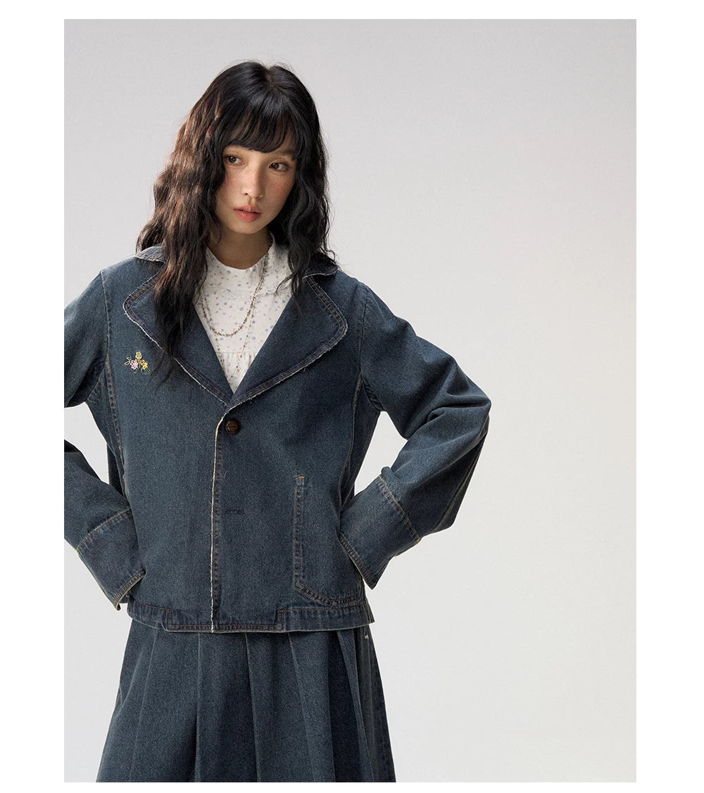 [CAN] "Wildflower Echoes" Vintage Indigo Denim Set (Jacket / Flared Pants / Midi Skirt)
