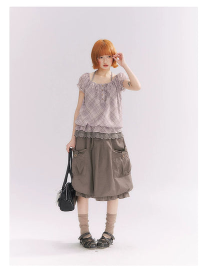 “Sweet & Cool Girl” Taupe Bow Drawstring High-Waist A-Line Cargo Skirt