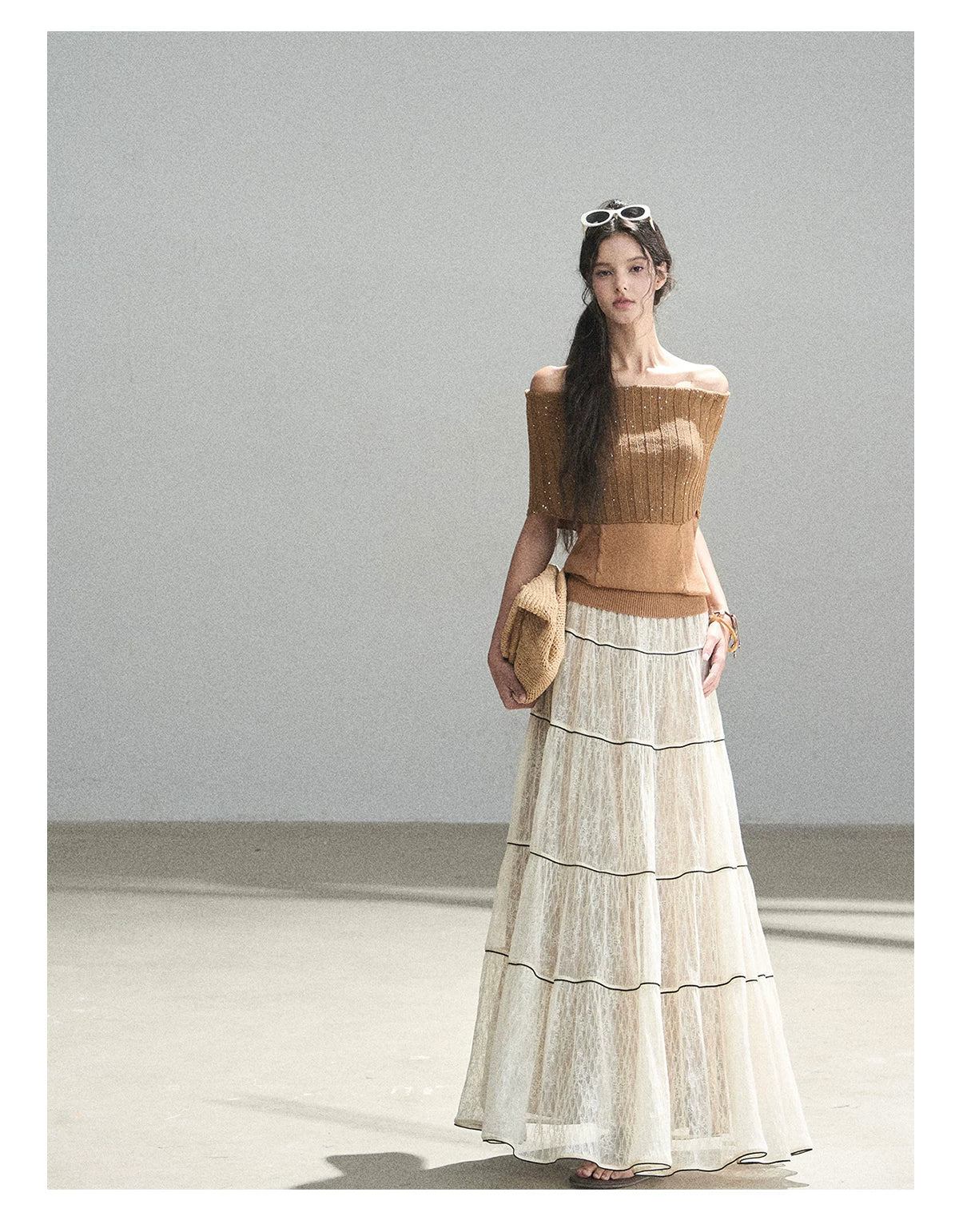 "Mist Through the Woods" Creamy Apricot White Lace Maxi A-Line Skirt