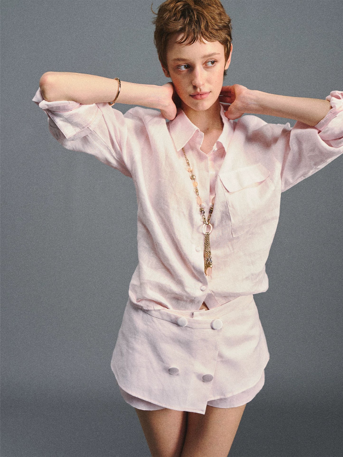 "Blush Breeze" Pink Linen Shirt & Layered A-Line Skort Set