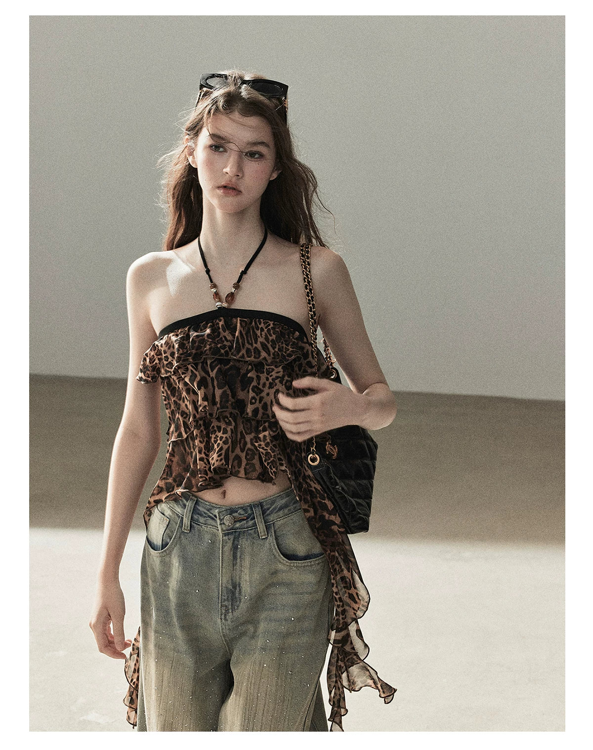 "Chasing the Sunset" Chestnut Brown Leopard Halter Ruffle Crop Top