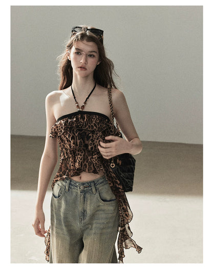 "Chasing the Sunset" Chestnut Brown Leopard Halter Ruffle Crop Top
