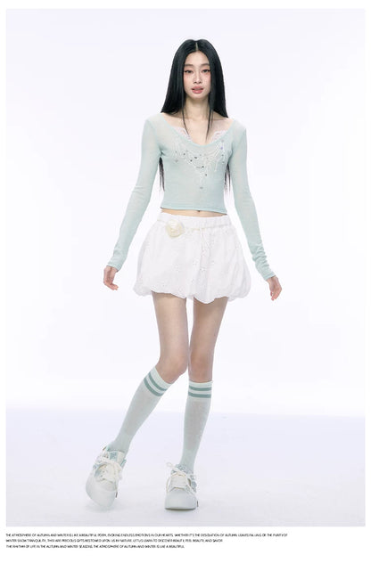 JN's DESIGN - Fitted Lace Long-Sleeve Top with Pearl Rhinestones