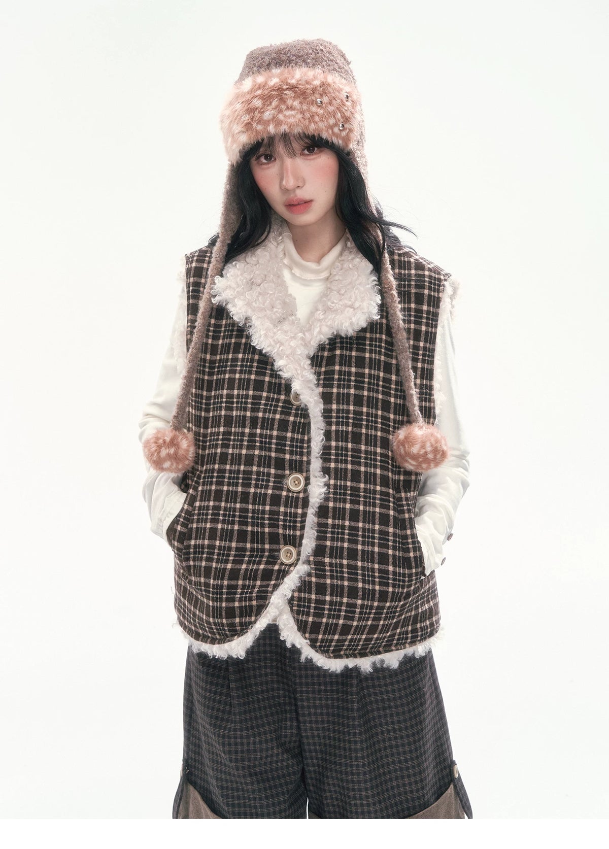 CAN - "The Velvet Alcove" Light Coffee Brown Reversible Plaid Shearling Vest