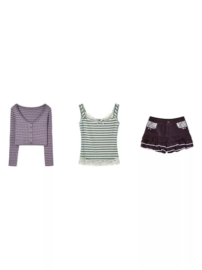 KYOUKO - Purple Striped Knit Cardigan, Green Lace Cami & Corduroy Skort Set