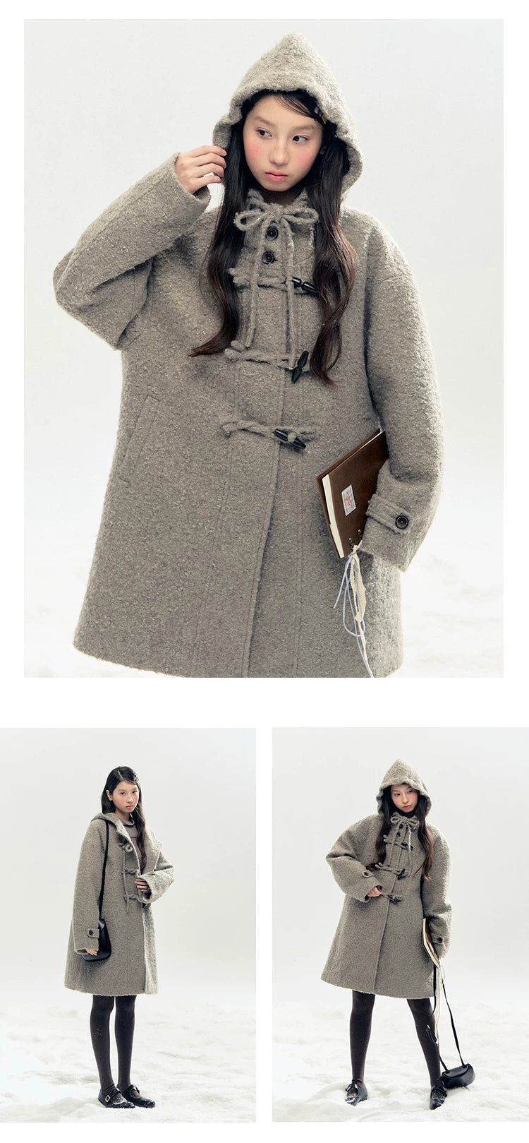 "Pinecone Post" Frost Gray Hooded Down Duffle Coat