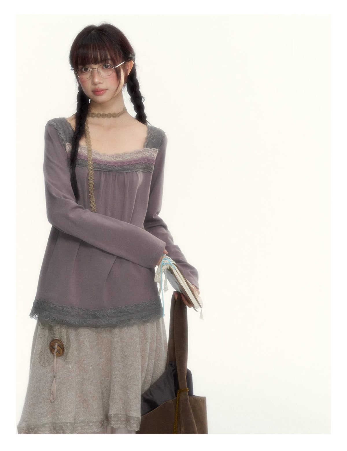 Gray Purple Lace-Trimmed Square-Neck Long-Sleeve T-Shirt