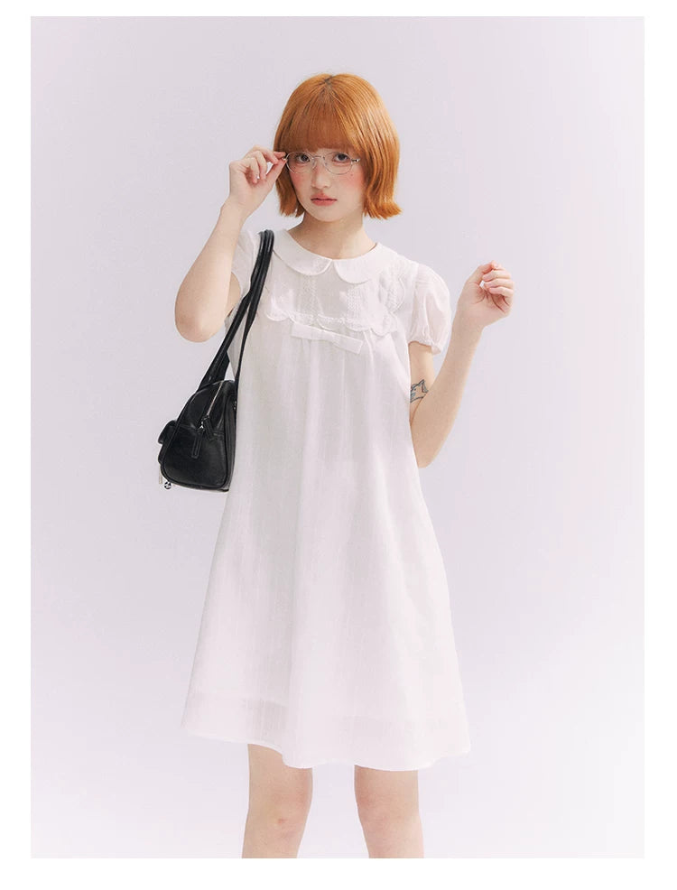 “Lace Sleep Song” White Embroidered Puff Sleeve Babydoll Dress