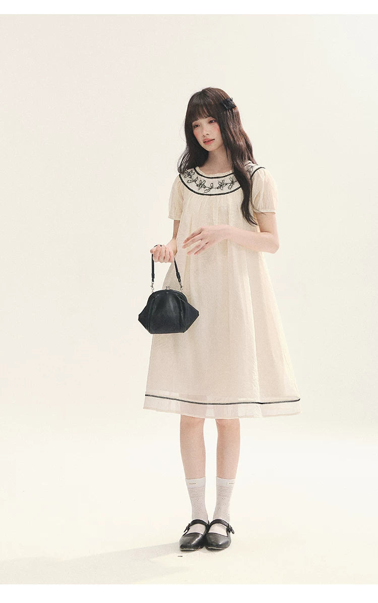"Midnight Princess" Yellow Flower Rope Embroidered Babydoll Midi Dress