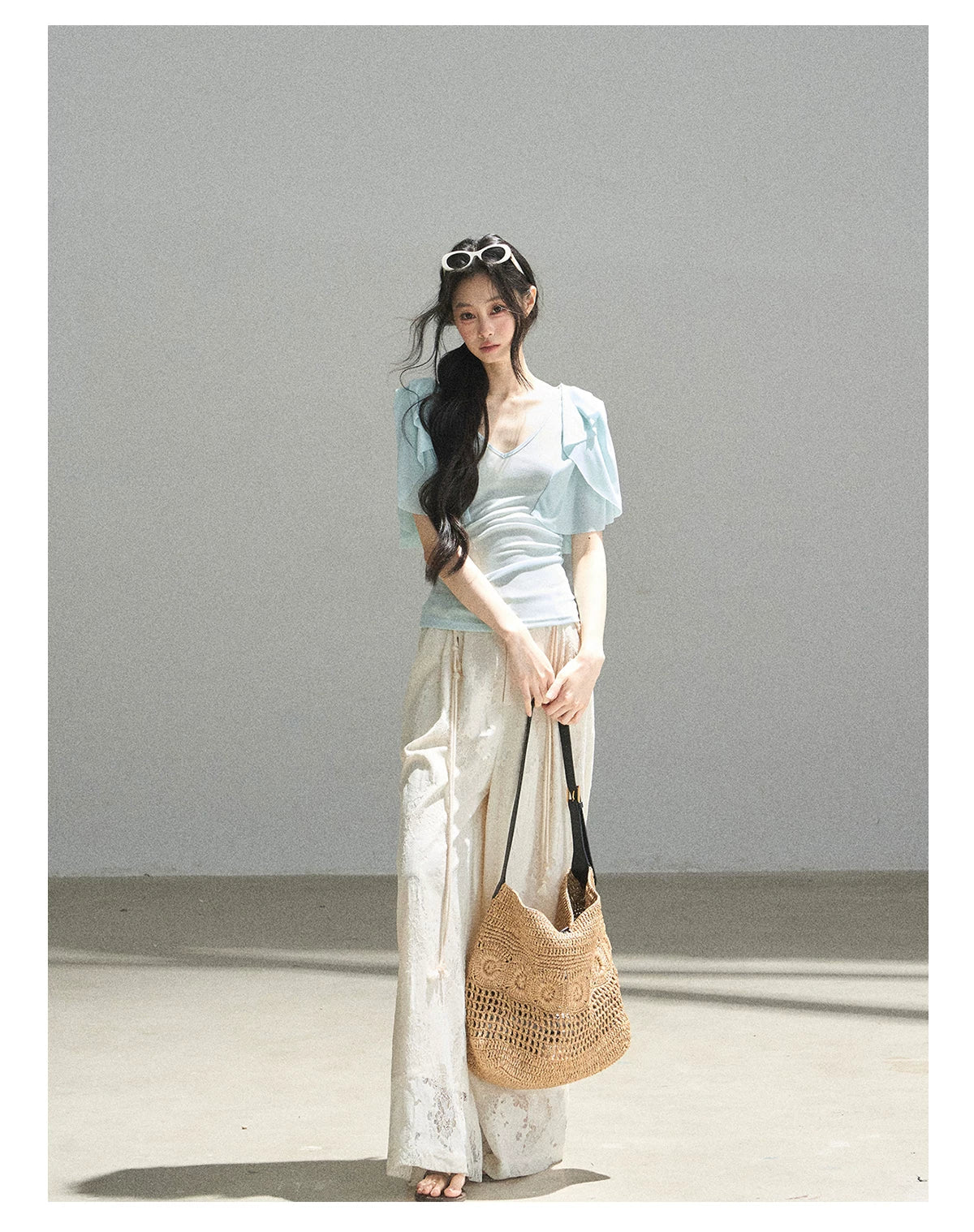 "Where Clouds Fall" Ruffle Sleeve V-Neck Crop Top (Forest Green/ Sage Gray/ Misty Blue/ Cinnamon Pink)