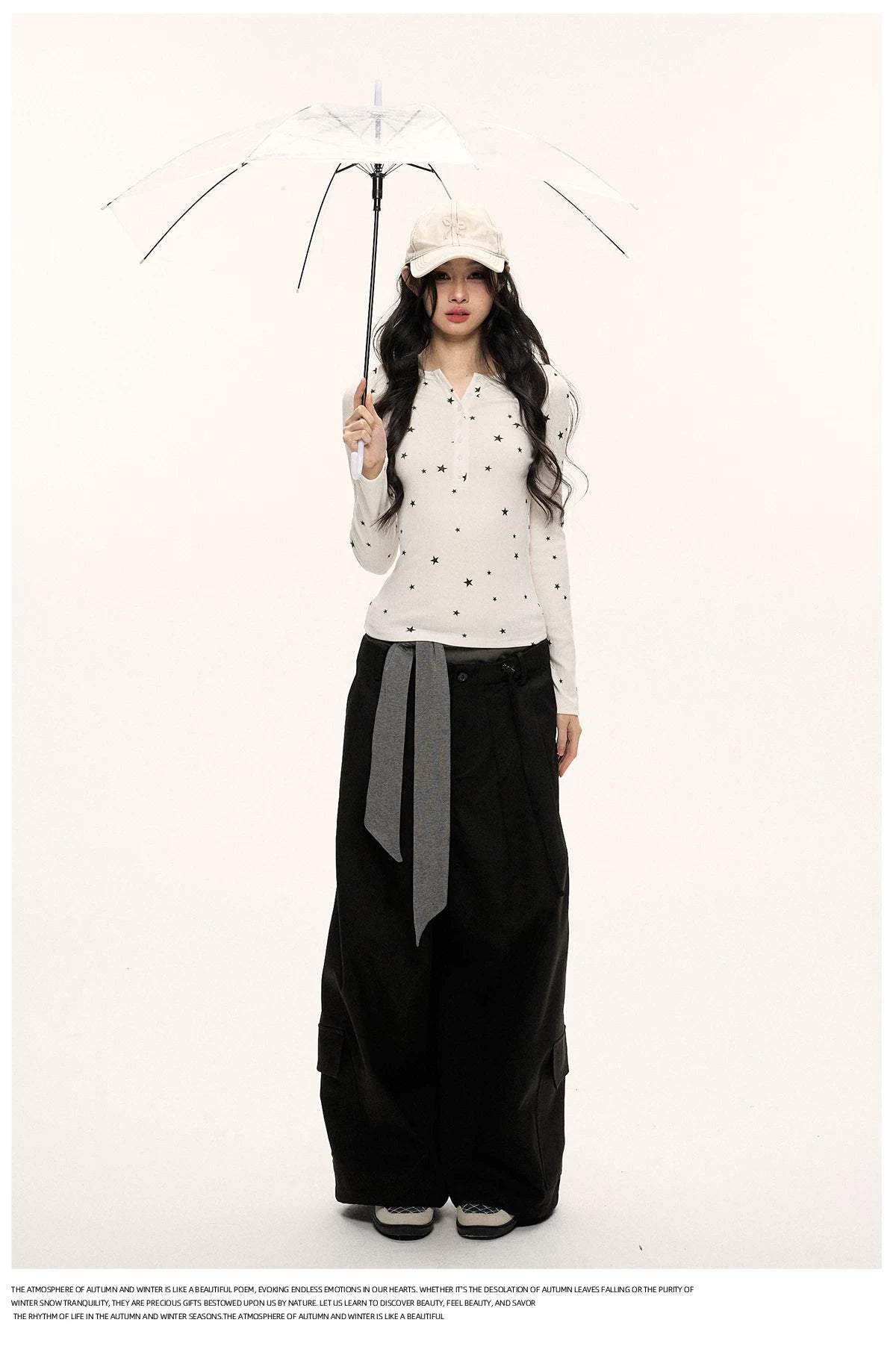 JN's DESIGN - Star Print Fitted Henley Long-Sleeve Top (White / Taro Pink-Purple)