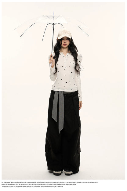 JN's DESIGN - Star Print Fitted Henley Long-Sleeve Top (White / Taro Pink-Purple)