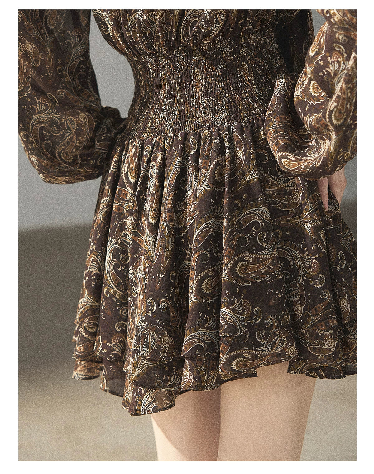"Wait for a Tree of Blossoms" Cocoa Brown French Long-Sleeve Chiffon Dress (+ Camisole)