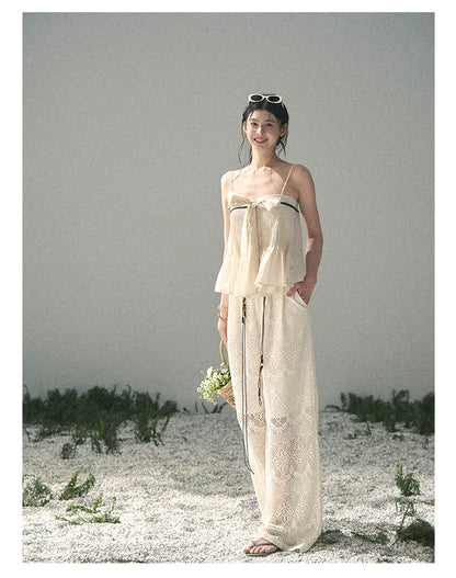 “Breeze Over Pleats” Cream Ribbon Camisole Top