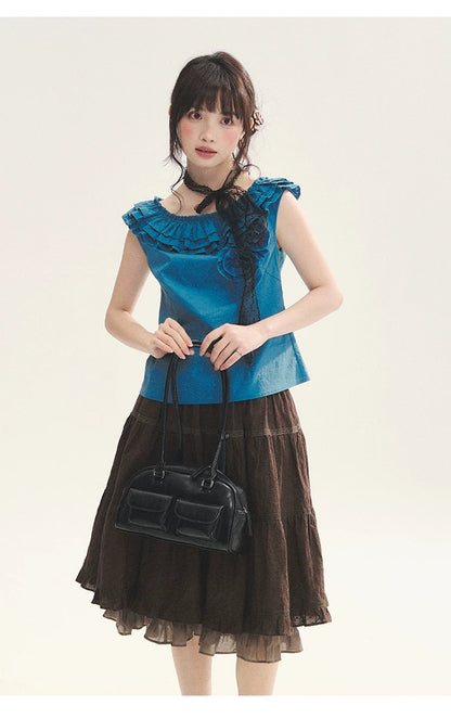 "Bluebell" Peacock Blue Lace Embroidered Fitted Sleeveless Top