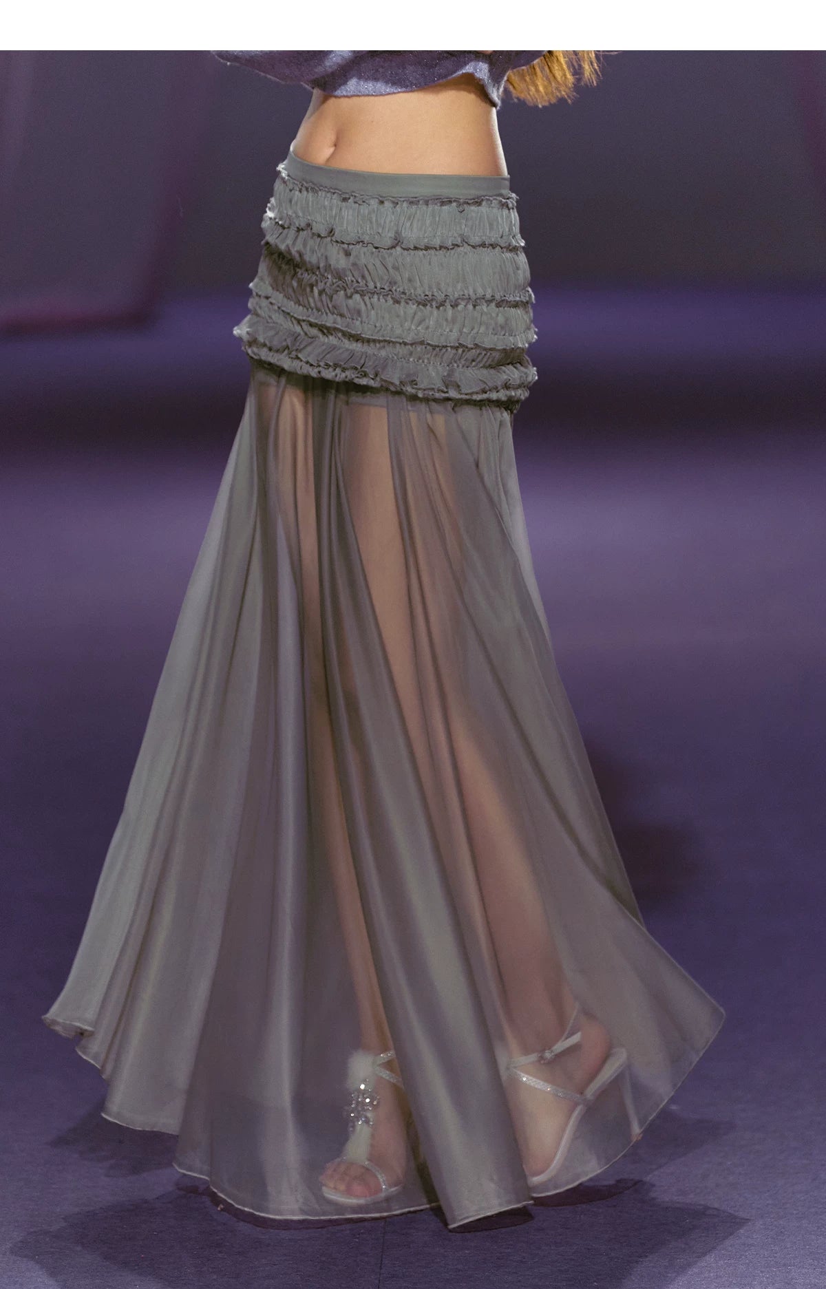 Ruched Semi-Sheer Mesh Maxi Skirt (Apricot/ Black/ Gray)