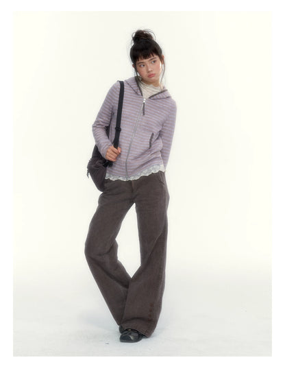 Dusty Purple Stripe Hooded Knit Cardigan
