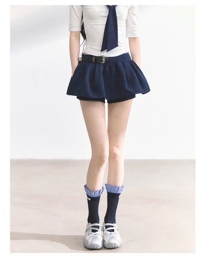 少也眼 "Annie Academy" A-Line Puff Mini Skirt - Navy Blue