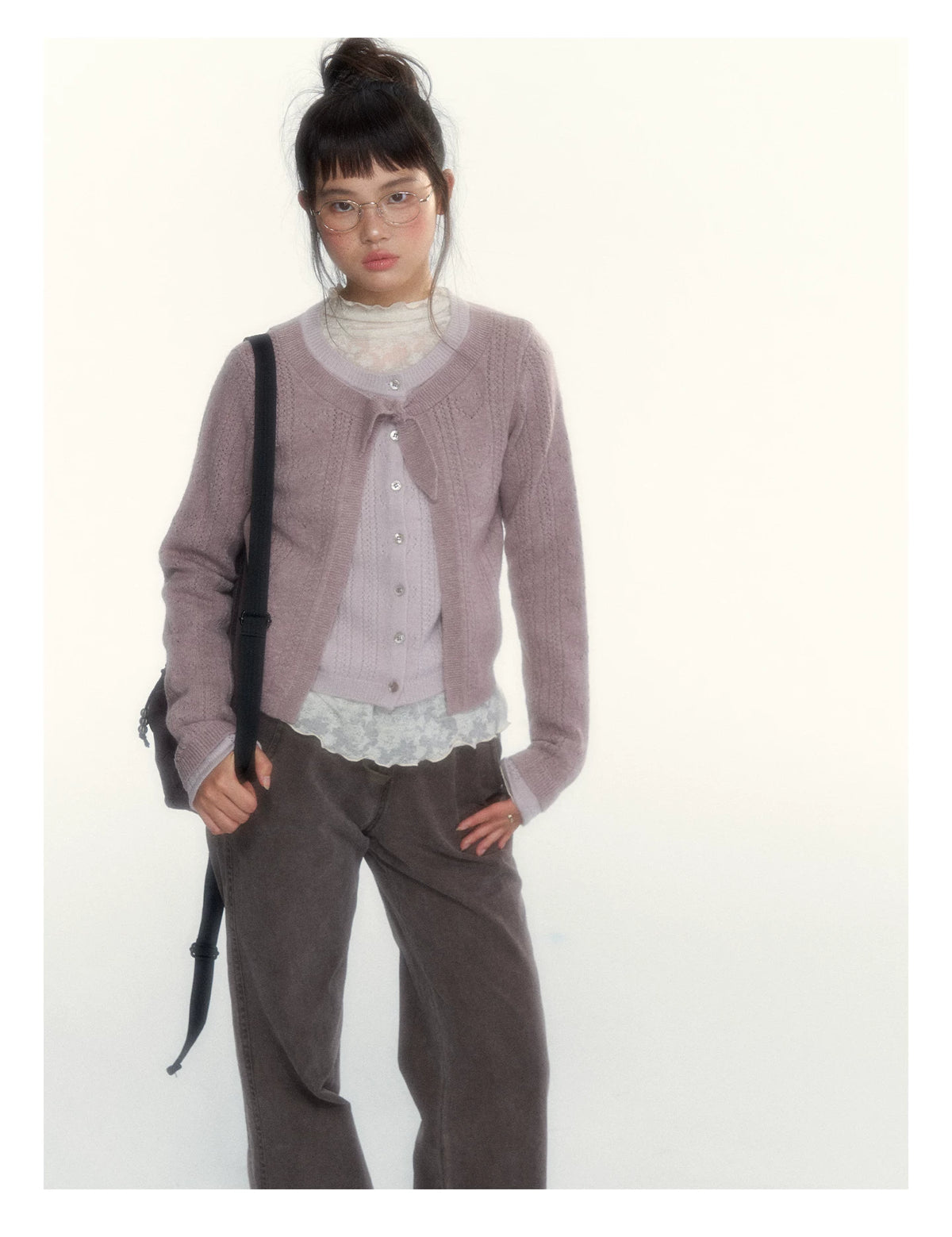 Korean Contrast Bow-Tie Layered Knit Cardigan (Blue / Purple)