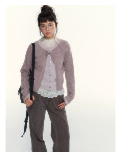 Korean Contrast Bow-Tie Layered Knit Cardigan (Blue / Purple)