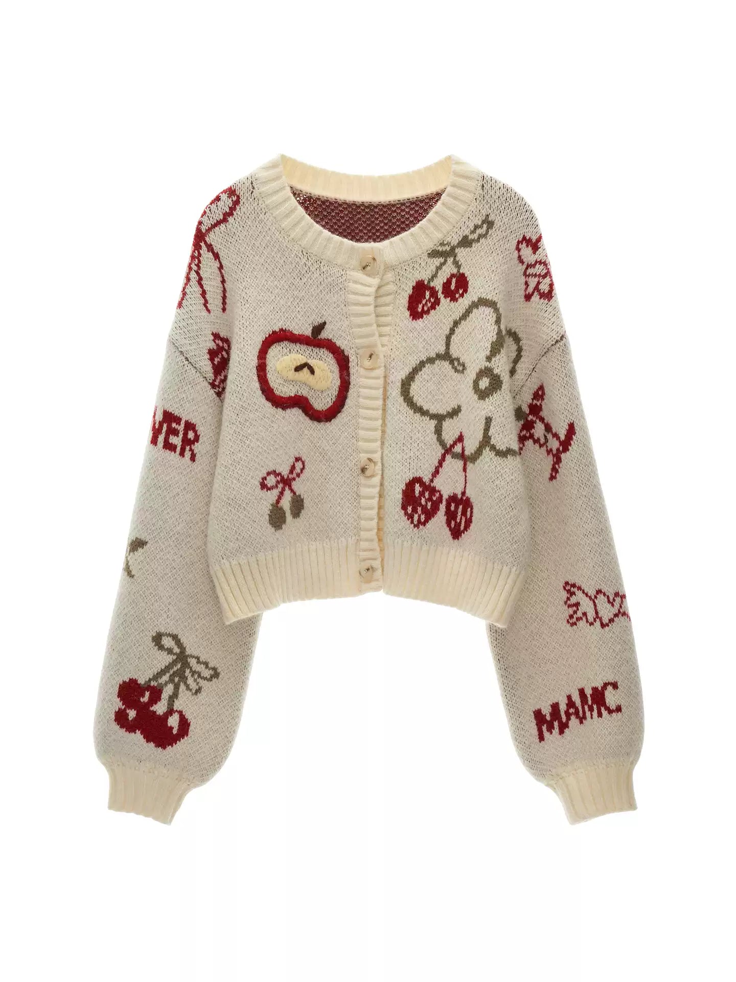 White Knit Cardigan with Apple & Cherry Embroidery WE751