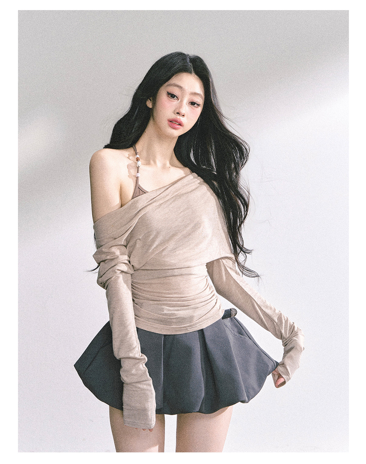 少也眼 "Soft Whisper" Korean Asymmetric Dual-Layer Off-Shoulder Top - Khaki