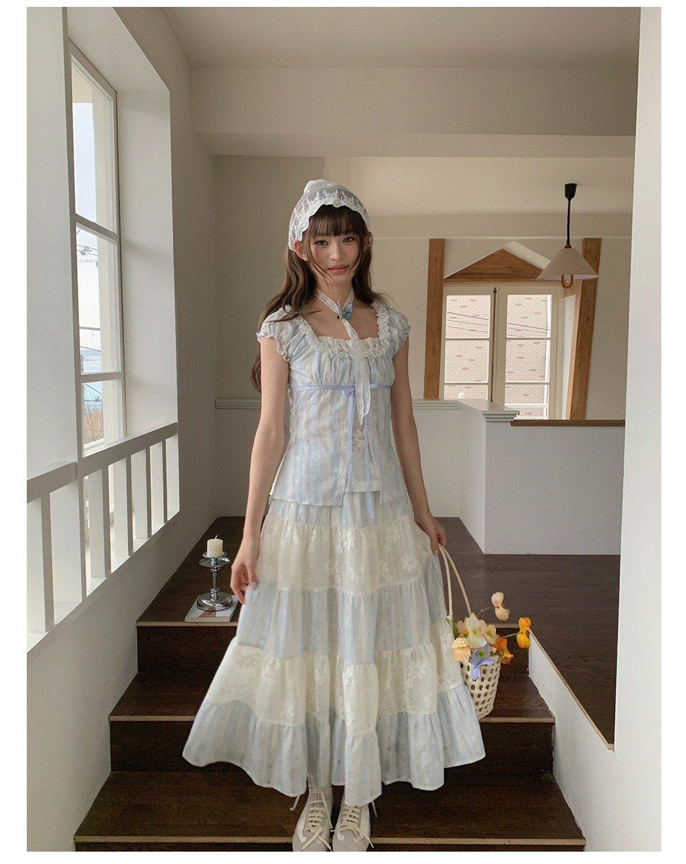 “Sea Salt Reverie” Blue Square Neck Blouse & Lace Tiered Maxi Skirt