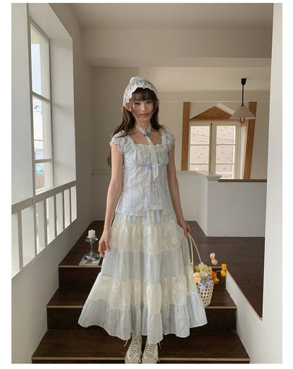“Sea Salt Reverie” Blue Square Neck Blouse & Lace Tiered Maxi Skirt